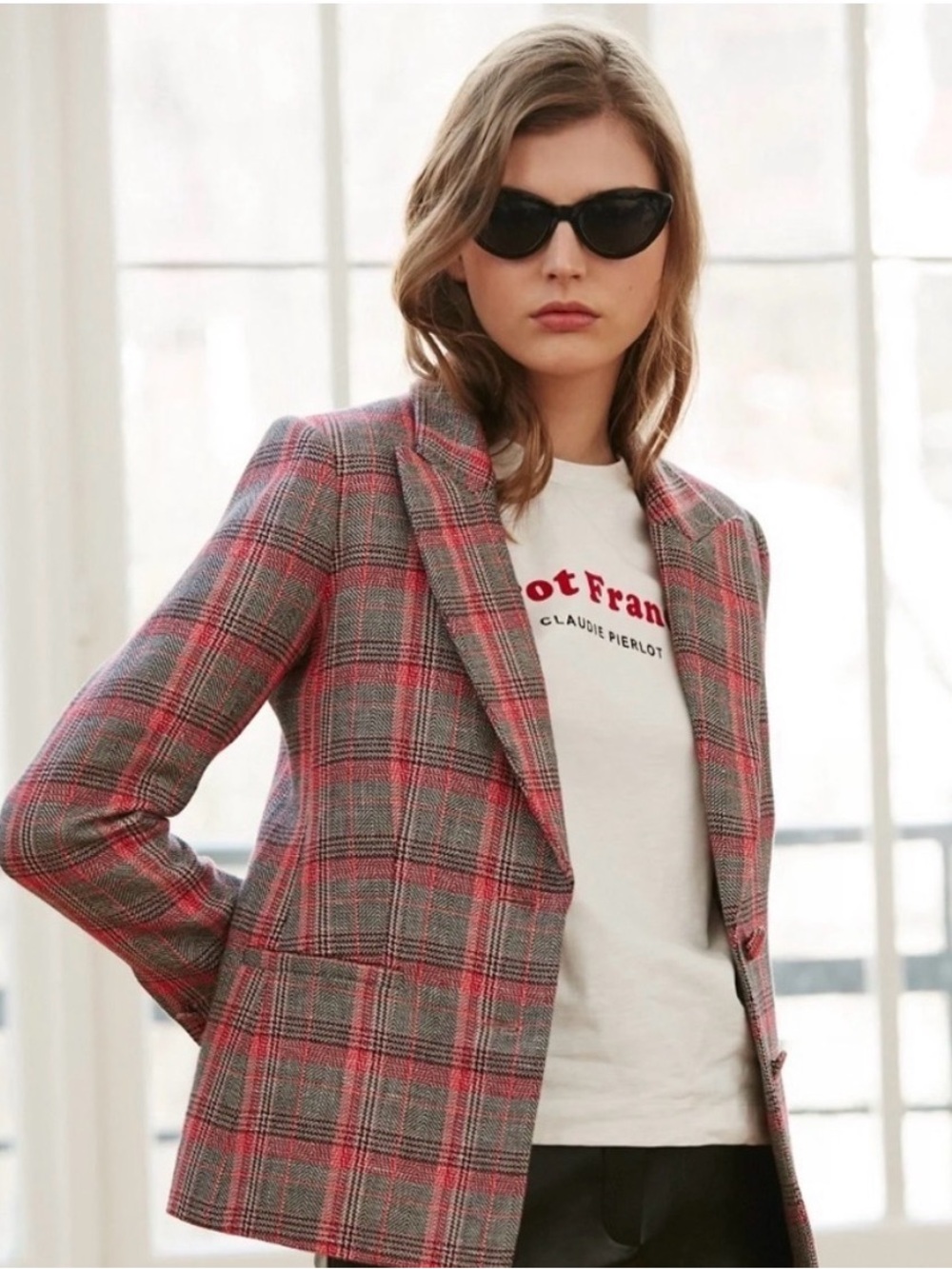Claudie Pierlot Paris Virginie Blazer Jacket Plaid Red Black  Size EU 40